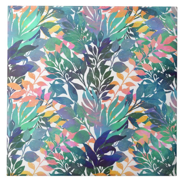 Tropical Jungle Foliage Watercolor Greenery Ceramic Tile (Front)