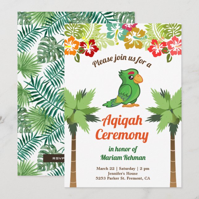 Tropical Jungle Forest Baby Parrot Aqiqah Invitation (Front/Back)