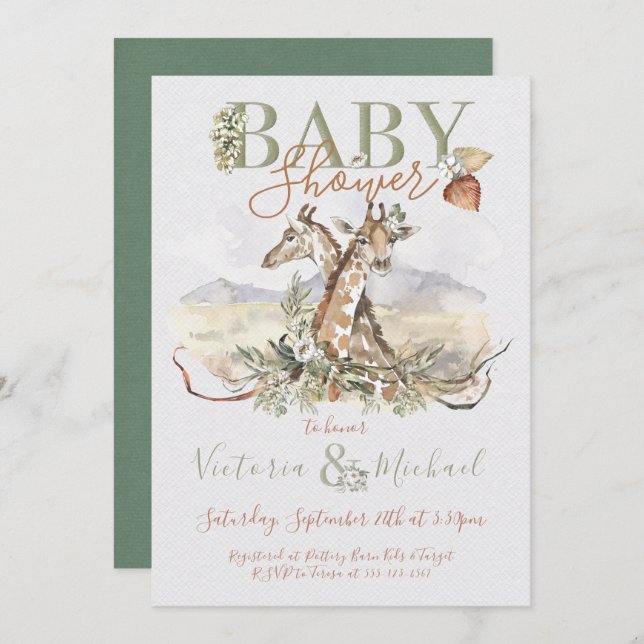 Tropical Jungle Giraffe Baby Shower invitations (Front/Back)