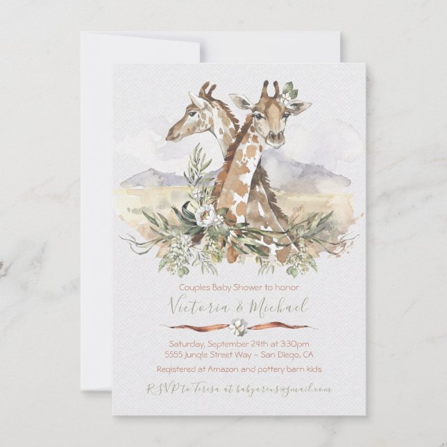 Tropical Jungle Giraffe Baby Shower invitations (Front)