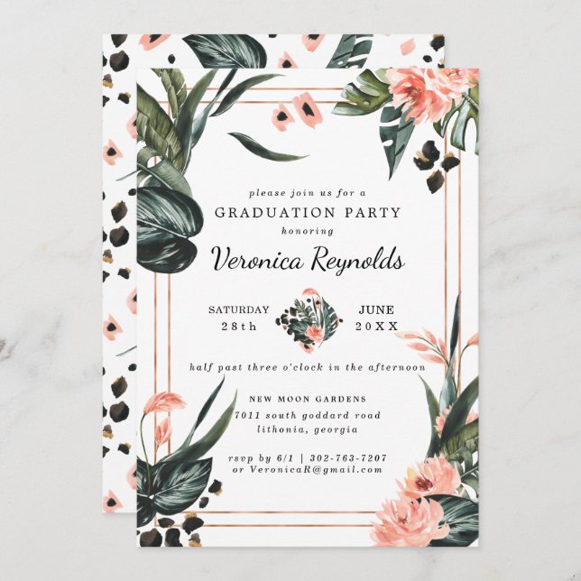 Tropical Jungle Greenery | Pink Floral Graduation Invitation (Front/Back)