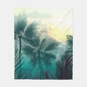 Tropical jungle landscape with palm trees and leaf fleece blanket