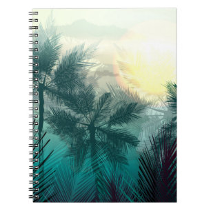 Tropical jungle landscape with palm trees and leaf notebook