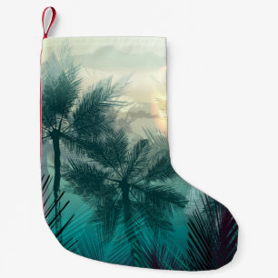 Tropical jungle landscape with palm trees and leaf small christmas stocking