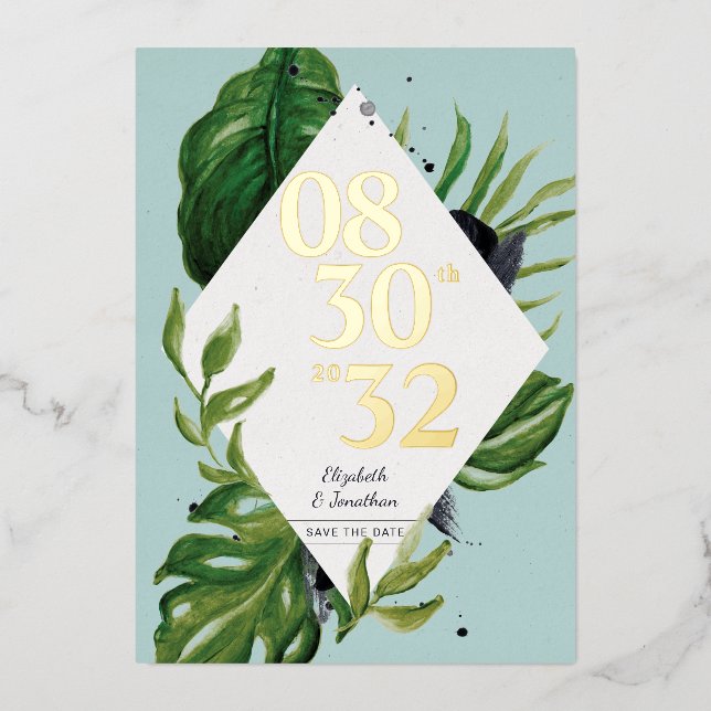 Tropical jungle leafage modern blue save the date (Front)