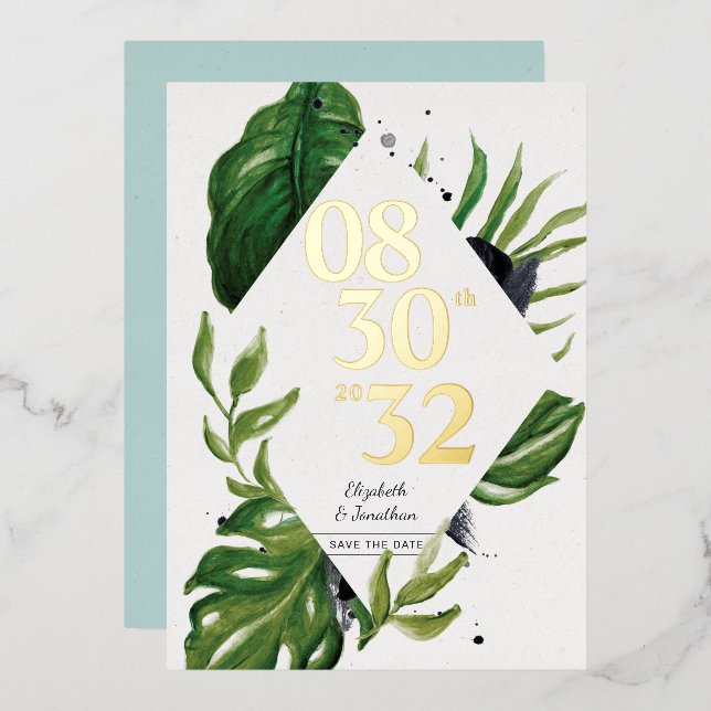 Tropical jungle leafage modern white save the date (Front/Back)