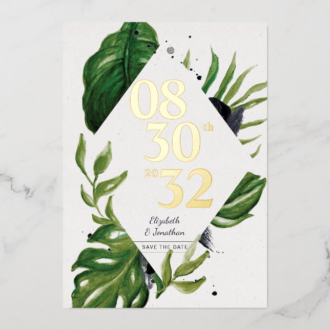 Tropical jungle leafage modern white save the date (Front)