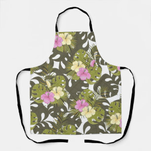 Tropical Jungle Leaves and Hibiscus Pattern Apron