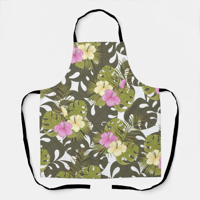 Tropical Jungle Leaves and Hibiscus Pattern Apron (Front)