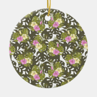 Tropical Jungle Leaves and Hibiscus Pattern Ceramic Ornament