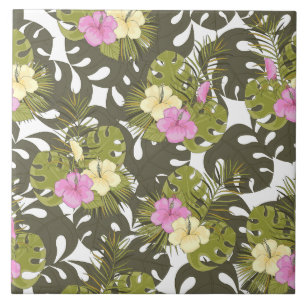 Tropical Jungle Leaves and Hibiscus Pattern Ceramic Tile