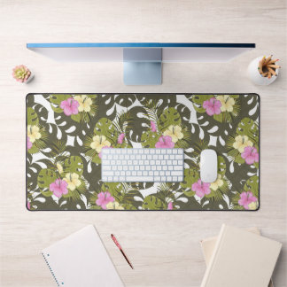 Tropical Jungle Leaves and Hibiscus Pattern Desk Mat