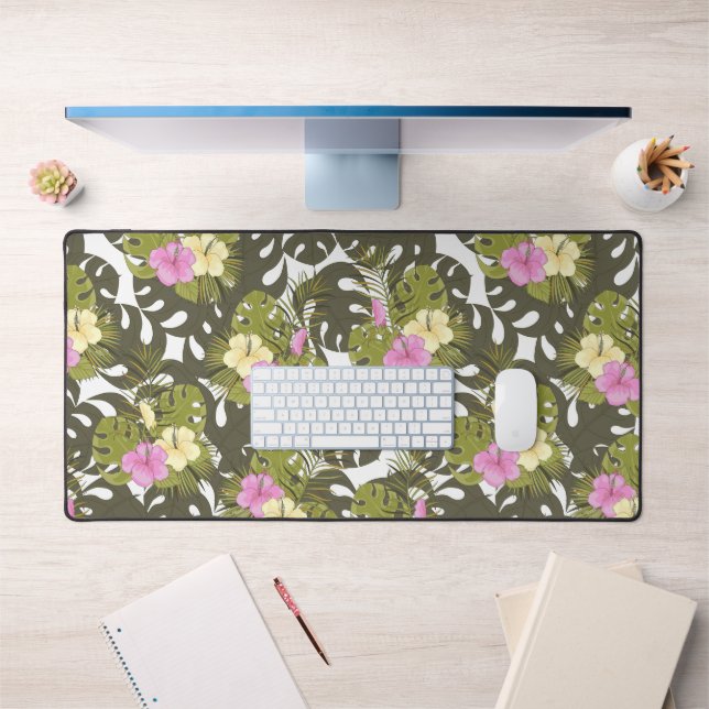 Tropical Jungle Leaves and Hibiscus Pattern Desk Mat (Office 1)