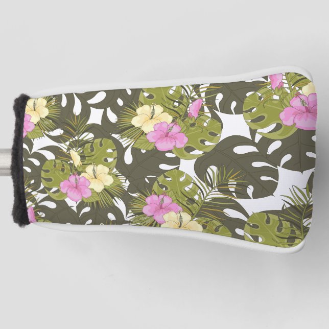 Tropical Jungle Leaves and Hibiscus Pattern Golf Head Cover (Front)