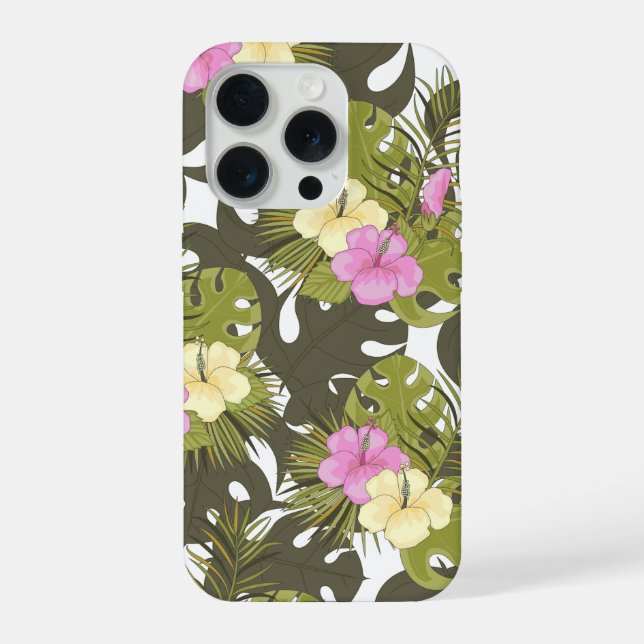 Tropical Jungle Leaves and Hibiscus Pattern iPhone Case (Back)