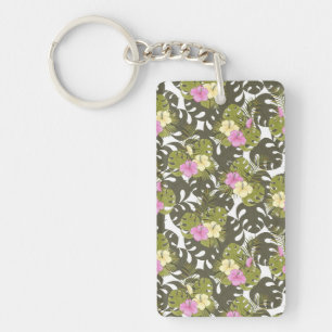 Tropical Jungle Leaves and Hibiscus Pattern Key Ring
