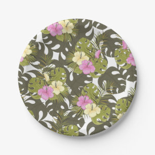 Tropical Jungle Leaves and Hibiscus Pattern Paper Plate