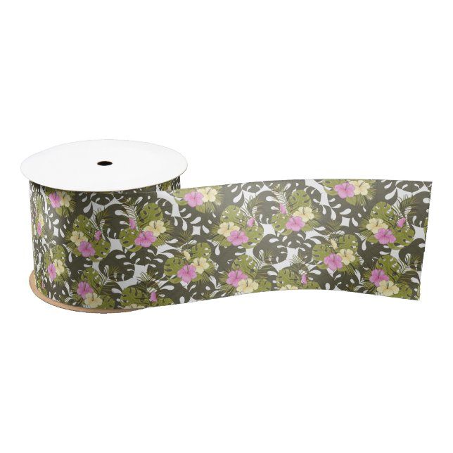 Tropical Jungle Leaves and Hibiscus Pattern Satin Ribbon (Spool)