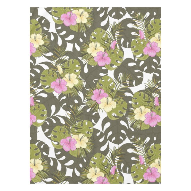 Tropical Jungle Leaves and Hibiscus Pattern Tablecloth (Front)