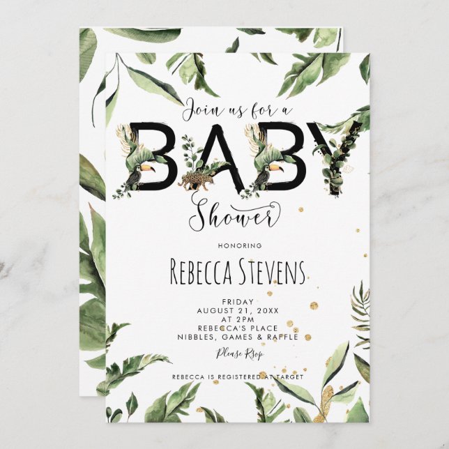 tropical jungle leaves baby shower invitation (Front/Back)