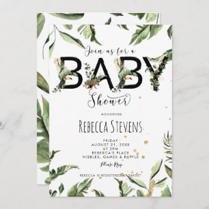 tropical jungle leaves baby shower invitation