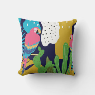 Tropical jungle leaves background with parrots. Su Cushion