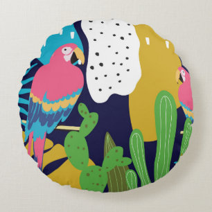 Tropical jungle leaves background with parrots. Su Round Cushion