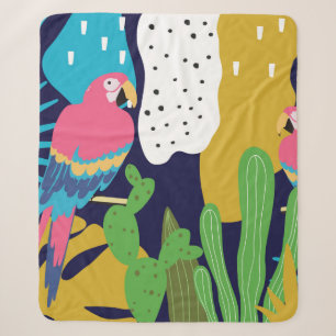 Tropical jungle leaves background with parrots. Su Sherpa Blanket