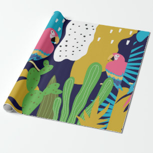 Tropical jungle leaves background with parrots. Su Wrapping Paper