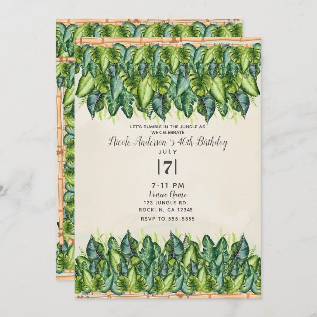 Tropical Jungle Leaves & Bamboo Botanical Birthday Invitation (Front/Back)