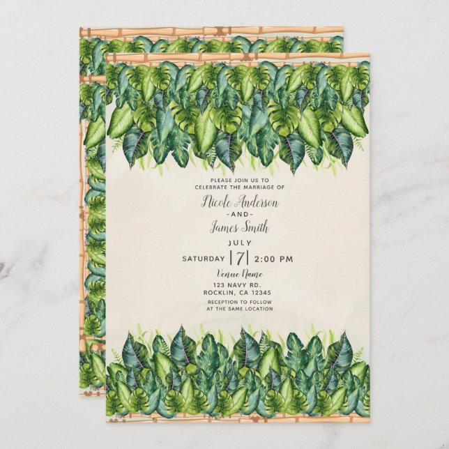 Tropical Jungle Leaves & Bamboo Botanical Wedding Invitation (Front/Back)