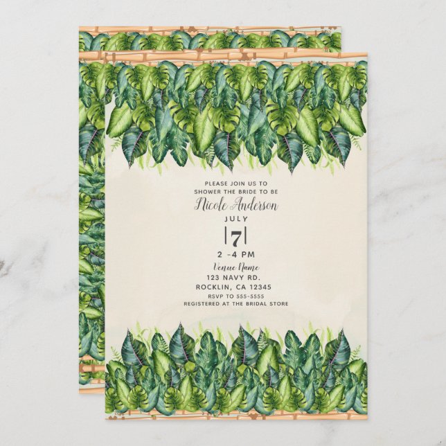 Tropical Jungle Leaves & Bamboo Bridal Shower Invitation (Front/Back)