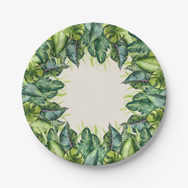 Tropical Jungle Leaves Botanical Birthday Party Paper Plate (Front)