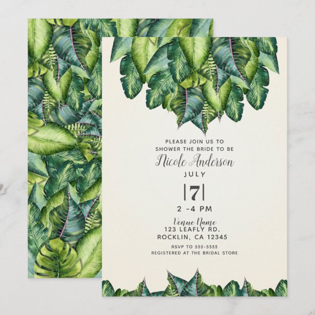 Tropical Jungle Leaves Botanical Bridal Shower Invitation (Front/Back)