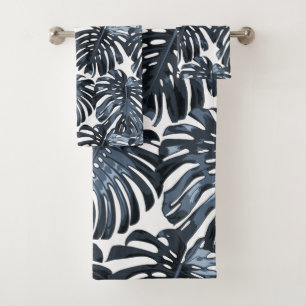 Tropical Jungle Leaves Dark Blue White Modern Bath Towel Set