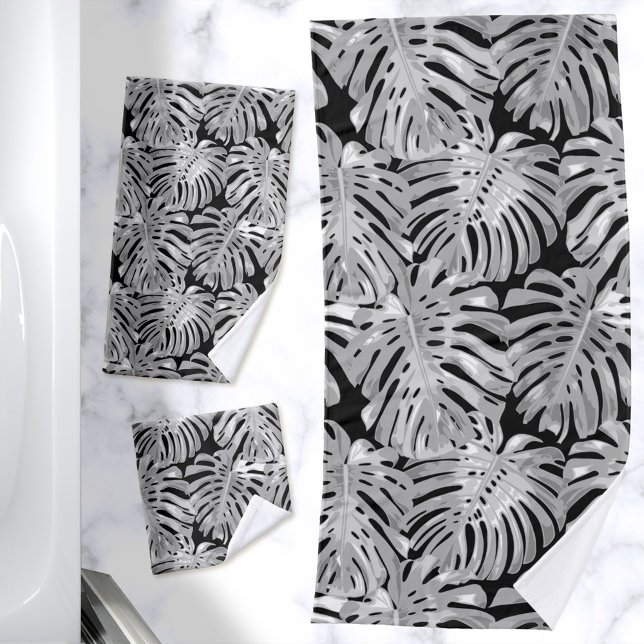 Tropical Jungle Leaves Grey Black Modern Bath Towel Set (Black and gray bath towels with tropical leaves pattern)