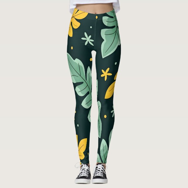 Tropical jungle leaves in vibrant green and yellow leggings (Front)