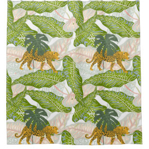 Tropical Jungle Leaves & Leopard Bathroom Curtain