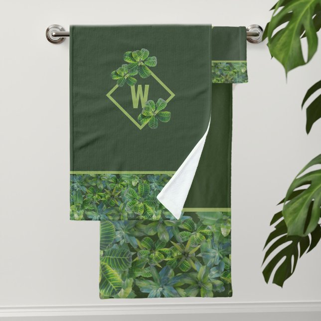 Tropical Jungle Leaves Monogram Bath Towel Set (For your tropical bathroom. Just add your initial to this tropical leaves bath towel set)