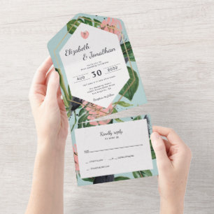 Tropical jungle leaves & pink flower floral modern all in one invitation