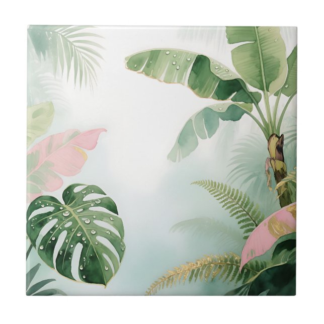 Tropical Jungle Leaves Watercolor Ceramic Tile (Front)