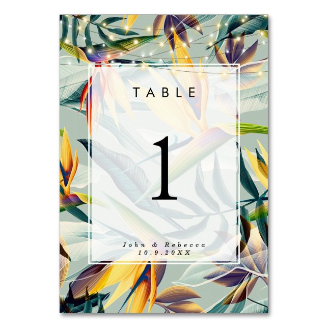 tropical jungle lights wedding table number card (Front)