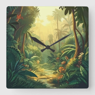 tropical jungle lush exotic vegetation nature plan square wall clock