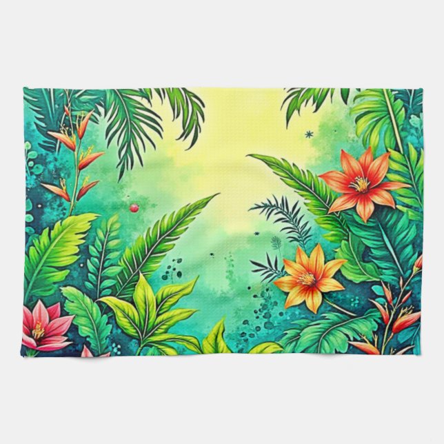 Tropical Jungle Lush Paradise Design Tea Towel (Horizontal)