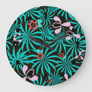 Tropical jungle palm leaves orchid flowers bloom c large clock