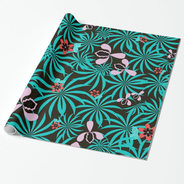 Tropical jungle palm leaves orchid flowers bloom c wrapping paper (Unrolled)