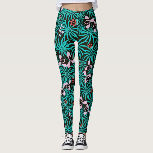 Tropical jungle palm leaves orchid flowers bloom  leggings (Front)