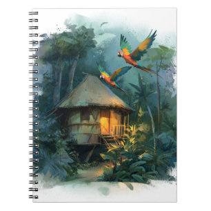 Tropical Jungle Parrots Bamboo Hut Art Notebook