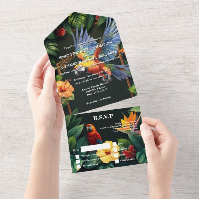 Tropical jungle parrots hibiscus island wedding  all in one invitation (Tearaway)