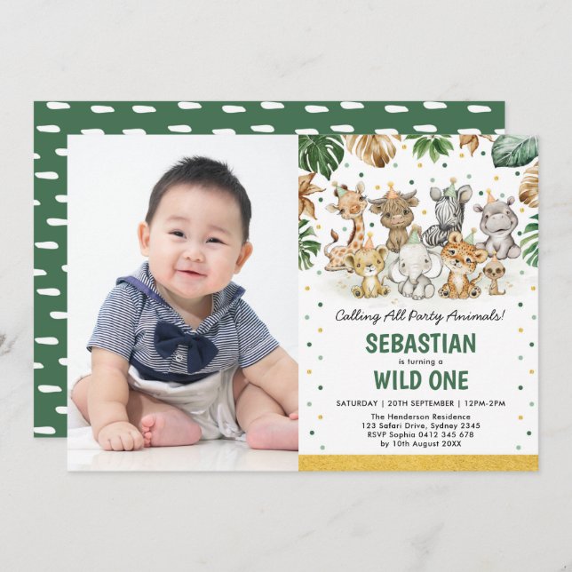 Tropical Jungle Party Animals Wild One Birthday Invitation (Front/Back)